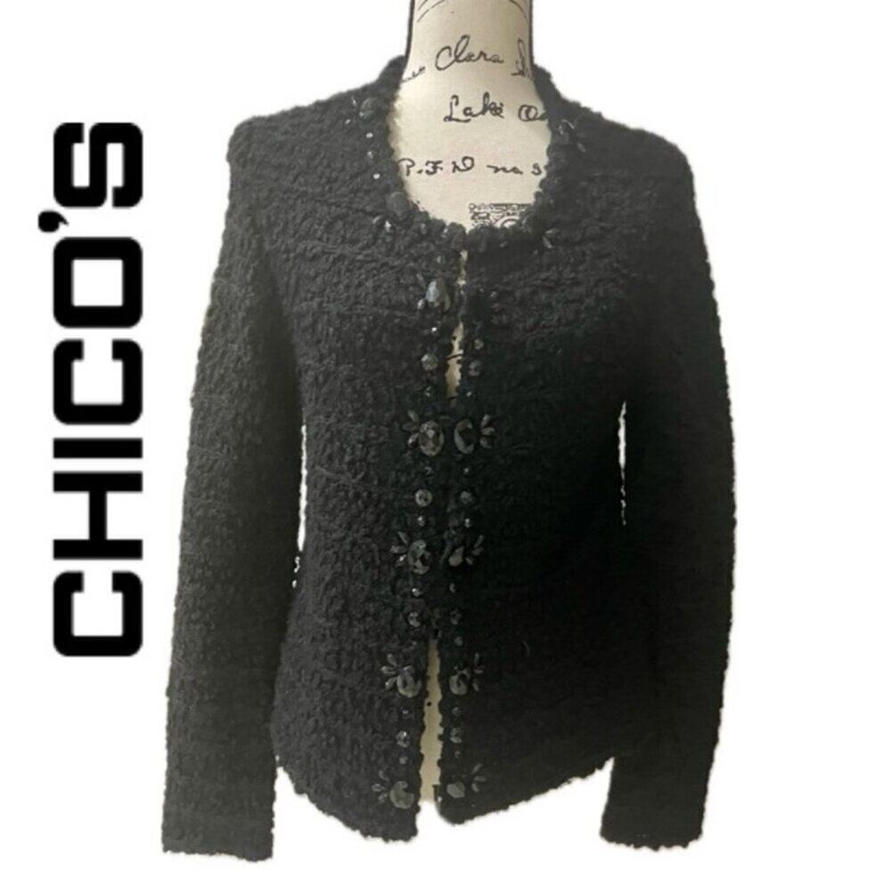 CHICOS TWEED SWEATER BLACK JEWELED Sz‎ M FRINGED EMBELLISHMENT SOPHISTICATED